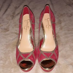 Jessica Simpson red & gold heels